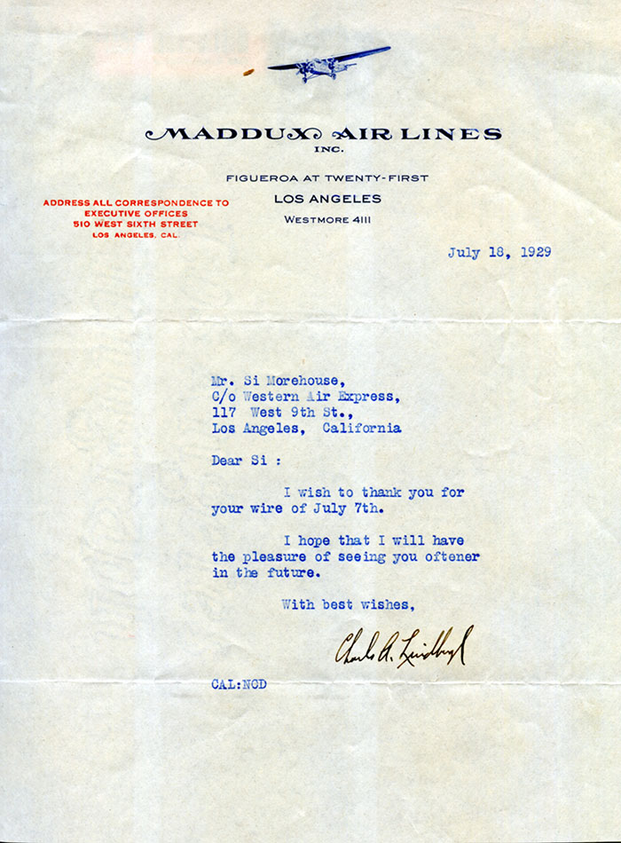 Letter From Charles Lindbergh, July 18, 1929 (Source: Woodling)