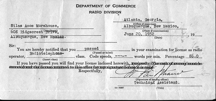 S.A. Morehouse Radio Certificate, June 30, 1932 (Source: Woodling)