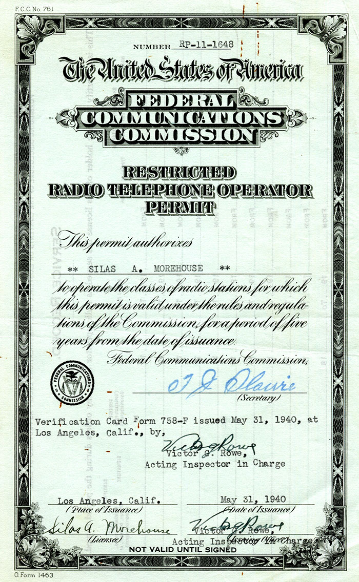 S.A. Morehouse Radio Certificate, May 31, 1940 (Source: Woodling) 