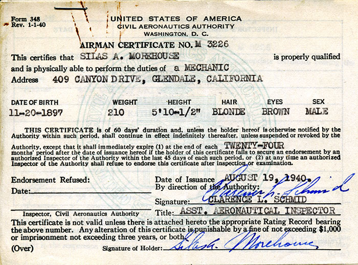 Morehouse Mechanic Certificate, August 19, 1940 (Source: Woodling) 