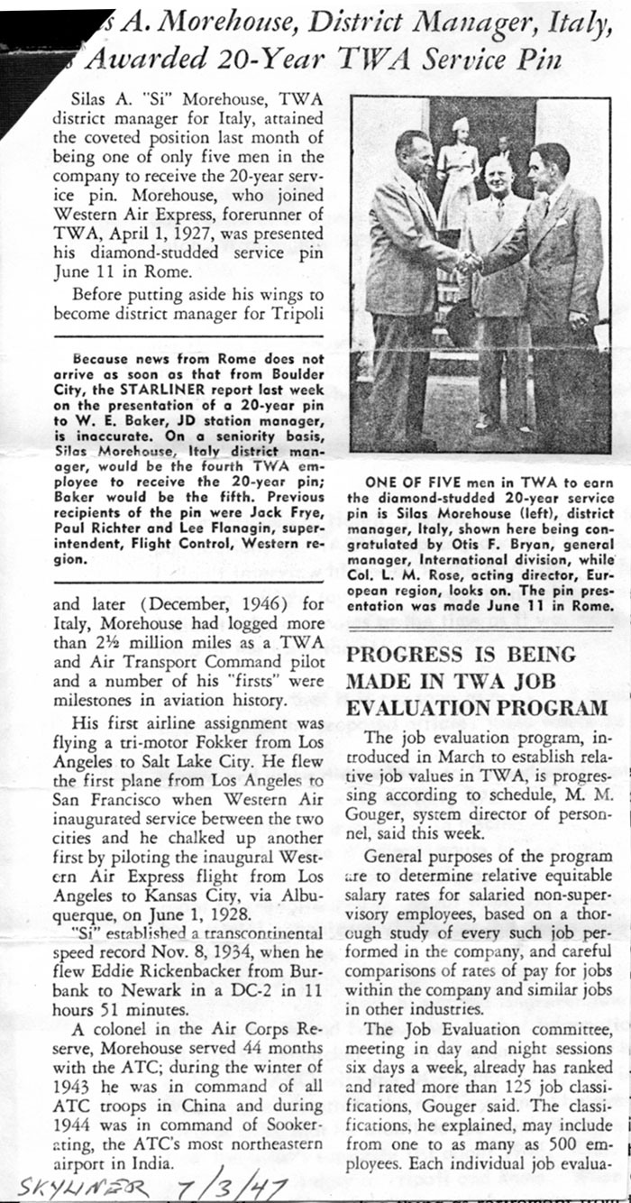 Morehouse 20-Year Service to TWA, July 3, 1947 (Source: Woodling)