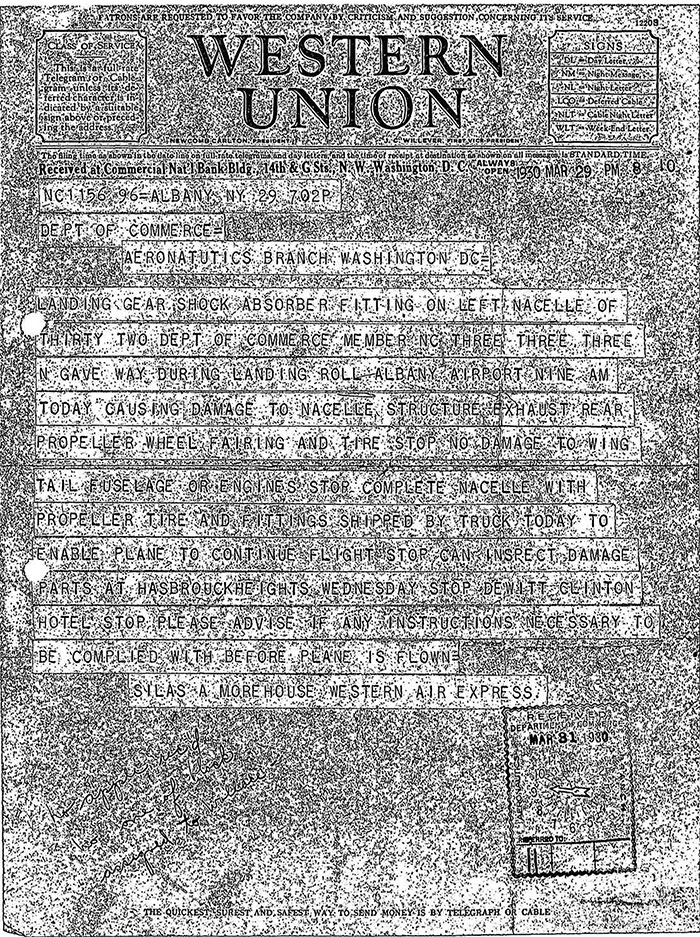 Report of Accident at Albany, NY, March 29, 1930 (Source: FAA)