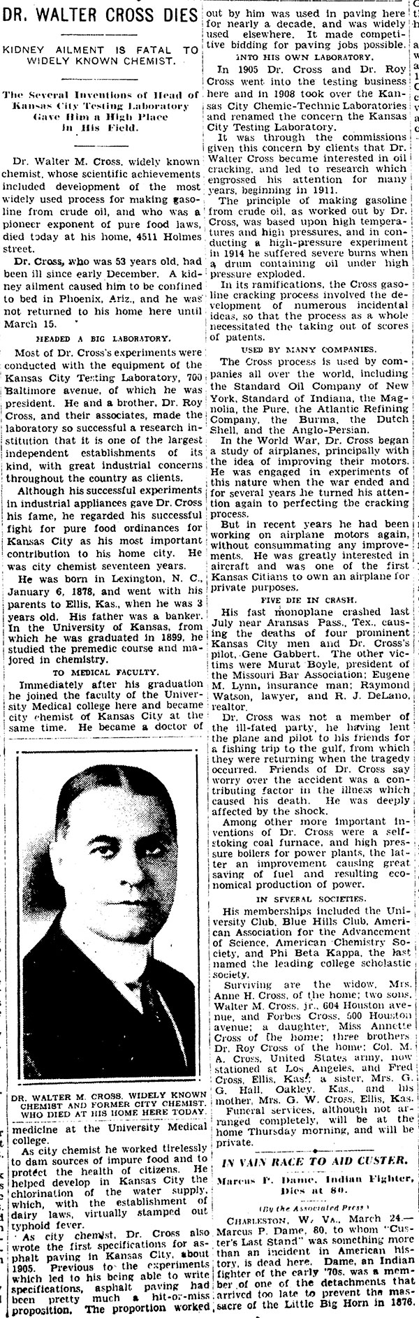 W.M. Cross Obituary, Kansas City Star, March 24, 1931 (Source: Woodling)