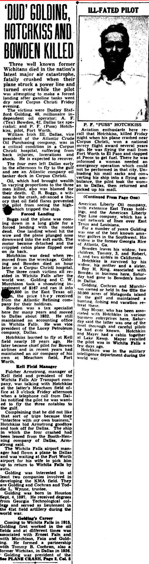 Wichita Falls (TX) Daily Times, March 5, 1938 (Source: Woodling)