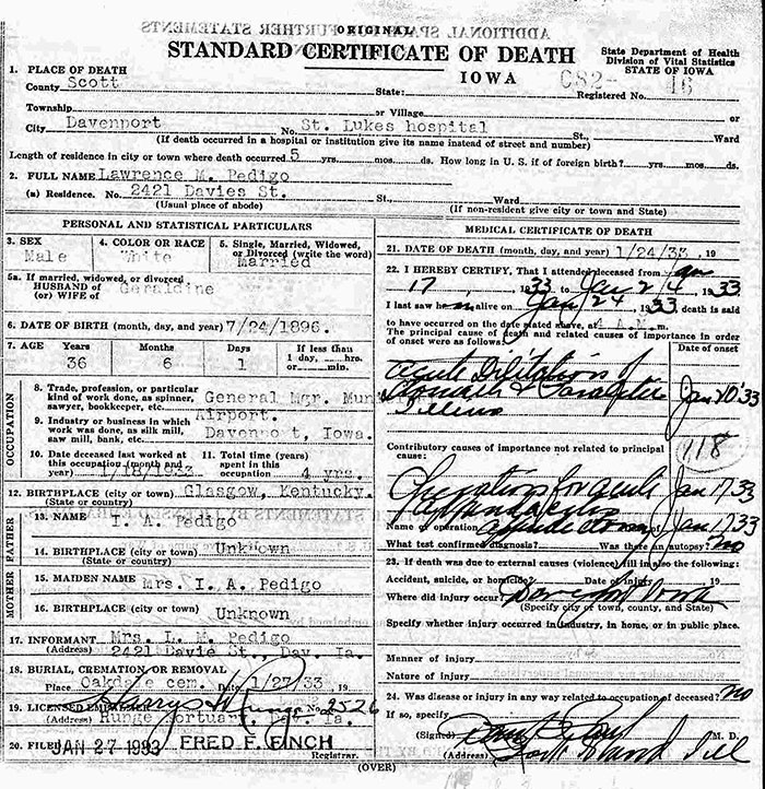 Lawrence M. Pedigo, Death Certificate, January 24, 1933 (Source: ancestry.com) 