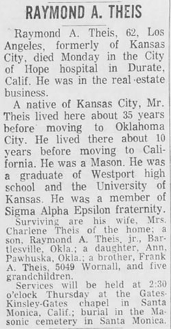 Raymond A. Theis, Obituary, Kansas City Times, March 11, 1964 (Source: Woodling)