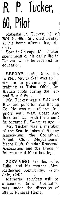 R.P. Tucker Obituary, Seattle Times, June 28, 1965 (Source: Woodling)