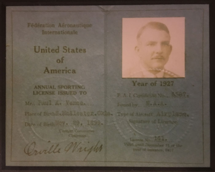 Paul A. Vance, 1927 Airplane Sporting License (Source: Vance Family)